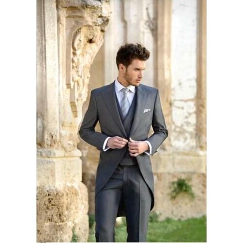 Morning Coat One Button Gray Groom Tuxedos Peak Lapel Groomsmen Prom Blazer Slim Fit Dinner Business Suits (Jacket+Pants+Vest)