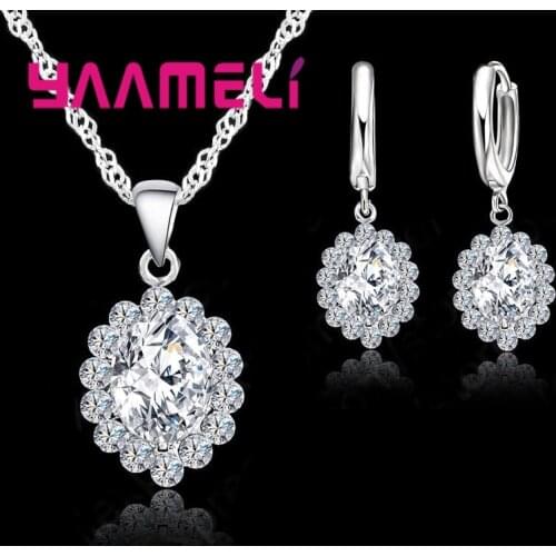 High Quality 925 Sterling Silver Necklace Drop Earrings Shiny Full Clear Oval Cubic Zircon Wedding Jewelry Set for Women