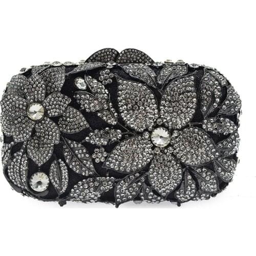 XIYUAN women black/silver/gold Flower Crystal Evening Wedding Cocktail Handbags Purses Bridal Metal Minaudiere Clutch Bag lady