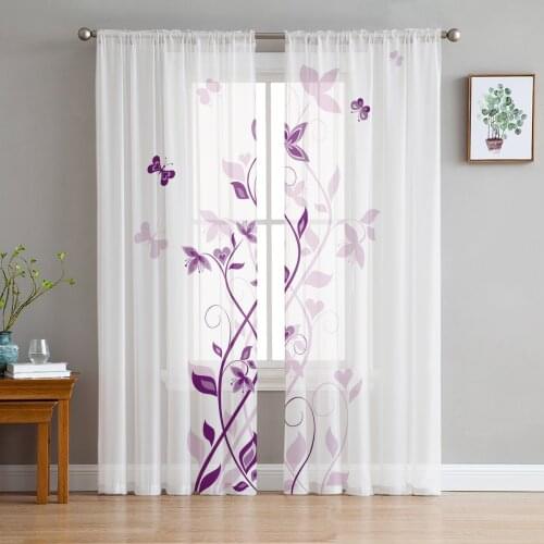 Butterfly Flower Cane Vine White Tulle Window Curtain for Living Room Modern Sheer Curtain for Bedroom Kitchen Drapes Custom