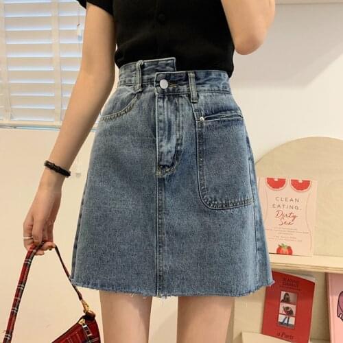 Ailegogo High Waist Women Asymmetrical Retro Blue A-line Mini Denim Skirt Summer Female Streetwear Plus Size Ladies Jeans Skirts