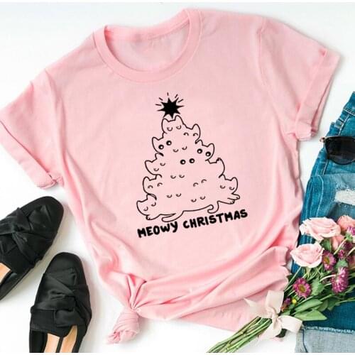 Meowy Christmas Funny Christmas Women T-Shirt 90s Aesthetic Cotton Fashion Graphic Female Clothing O Neck Short Sleeve Cute Tees