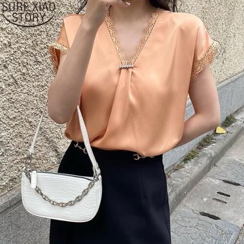 Plus Size Clothing Women Summer Blouse Orange V-neck Lace chiffon Loose Short Sleeve Tops Temperament OL Style XL-5XL 13966