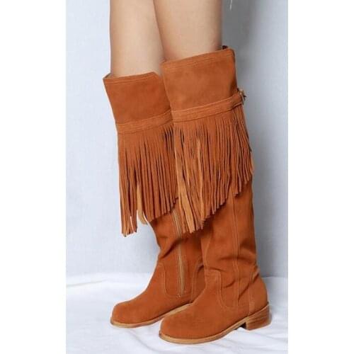 Faux Suede Leather Loose Knee High Woman Boots Low Heel Motorcycle Fringed Boots Spring Autumn Belt Buckle Decor Tassel Boots