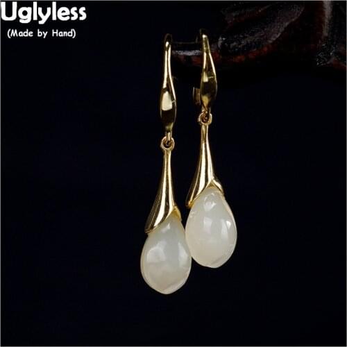 Uglyless Real S 925 Sterling Silver Natural White Jade Flower Dangle Earrings for Women Magnolia Handmade Brincos Fine Jewelry