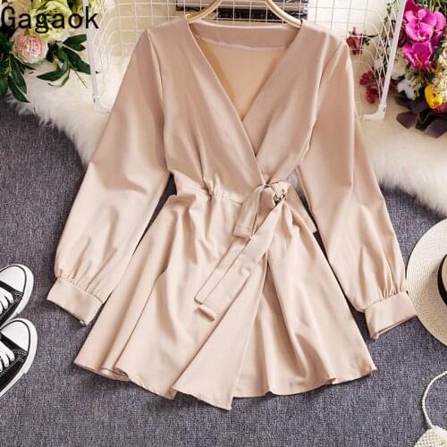 Gagaok Women Office Lady Mini Dress Spring Autumn New V-Neck Sashes Solid Empire Slim Simple Chic Wild Female Fashion Dresses
