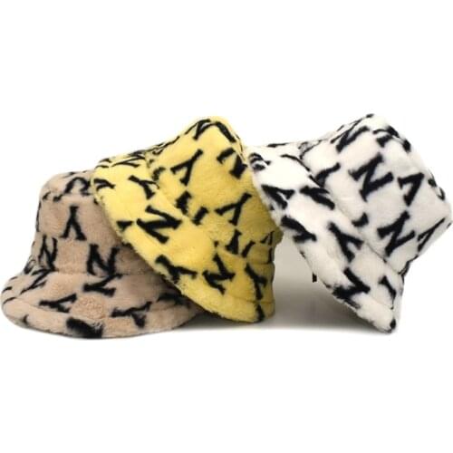 2021 Autumn Winter Warm Buckets Women NY Print Plush Bucket Hats Men Tourism Outdoor Hat Soft Velvet Fisherman Cap Lady Panama