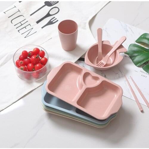 6Pcs / Set Child Natural Wheat Fiber Cutlery Set Baby Feeding Safety Dishes Pure Color Plate Fork Spoon Bowl Cup Dinner Ware