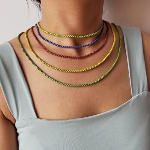 ALLNEWME Minimalist Rainbow Paint Brass Box Chain Necklace for Women Colorful Link Chian Stacked Necklaces Summer Beach Gifts