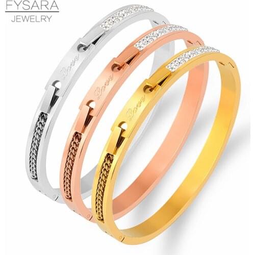 FYSARA Love Tag Charm Link Bracelet Titanium Steel Cubic Zirconia Bangle For Women Round Open Bracelets Lover Couple Jewelry