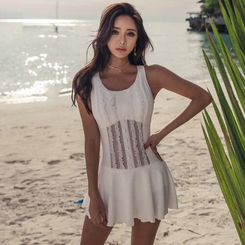 One Piece Lace Swimsuit Women Swimwear Bathing Suit Summer Push Up Swimdress Solid Swim Suit Beach Wear Female With Skirt Mesh