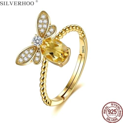 SILVERHOO Cute Bee 925 Sterling Silver Rings Women Shining Zircon CZ Adjustable Finger Ring Silver 925 jewelry Anniversary Gift