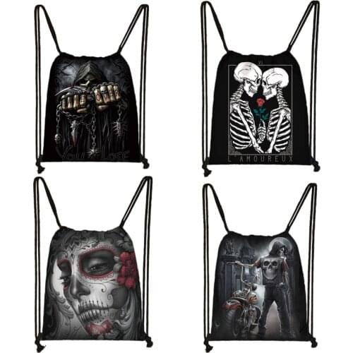 Gothic Punk Death Skull Drawstring Bag Men Travel Bag Grim Reaper Backpack Boys Bookbag Canvas Storage Bags Shoes Holder