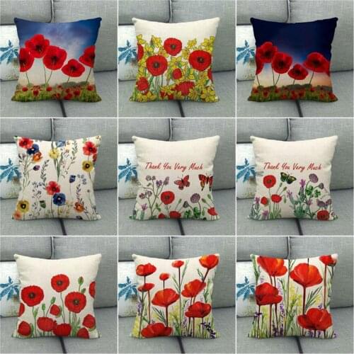 Square Red Poppy Pattern Throw Pillow Case Sofa Throw Pillow Covers Couch Cushion Case Home Decor