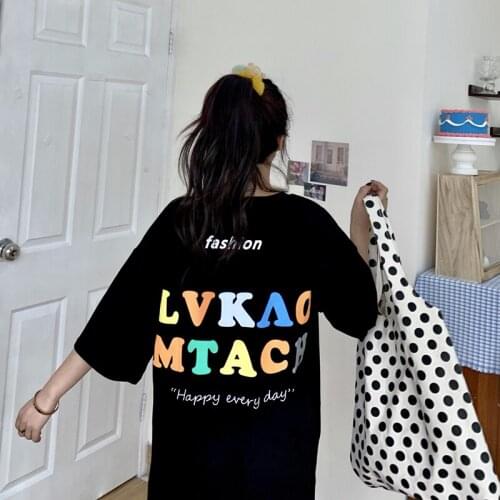 Summer college style letter printing half-sleeved mid-length loose round neck T-shirt simple and versatile casual women