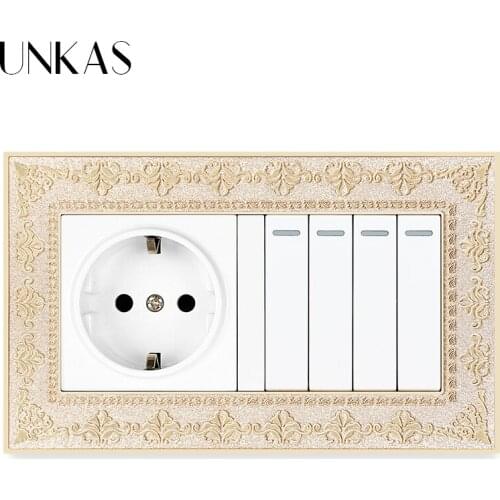 UNKAS 4D Zinc Alloy Metal Panel Russia Spain EU Standard Socket + 4 Gang 1 / 2 Way On / Off Light Switch Embossing Retro Frame