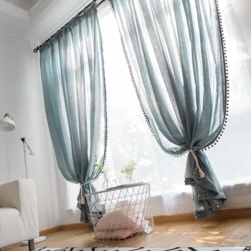 Nordic haze blue cotton linen curtain yarn Morandi shade curtain for bedroom living room balcony custom curtain yarn decorative