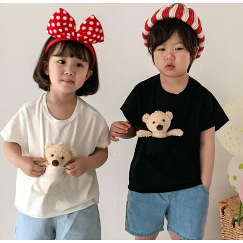 2021 New Summer Kids T Shirts Korean Baby Boys Girls Cute Pocket Bear T-shirts Childrens Cartoon Cotton Tops Toddler Clothes