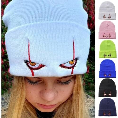 Women Men Winter Knitted Casual Beanie Hat Scary Clown Eyes Embroidery Hip Hop Cuffed Skull Cap Halloween Cosplay Party
