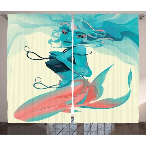 Mermaid Modern Curtains Abstract Tones Myth Character Satin Fabric Drapes for Living Room Bedroom 2 Panel Window Set