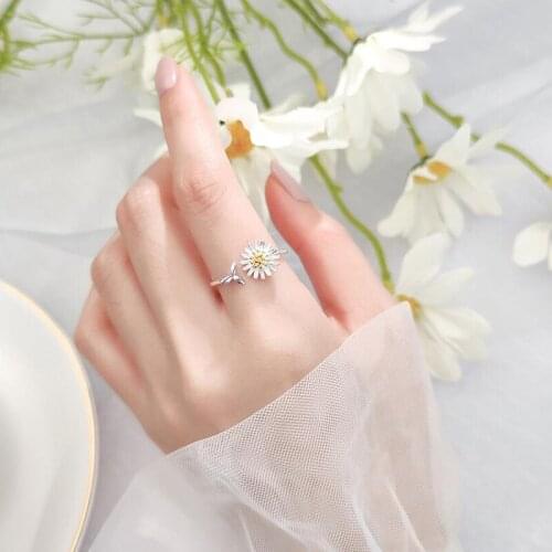 Fresh Flower 925 Sterling Silver Daisy Temperament Personality Literary Fashion Gift Korea Female Resizable Opening Rings