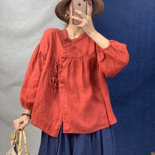 Johnature 2021 New Linen Vintage Pull Sleeve Loose Solid Color Womens Tops And Blouses Summer Simple Korean Tie Button Shirts