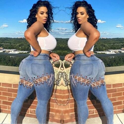 ZKYZWX Plus Size Hollow Out Cross Bandage Jeans for Women Spring Sexy High Waist Vintage Y2k Pants Skinny Button Denim Trousers