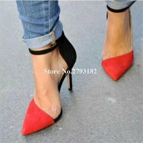 Women Elegant Pointed Toe Suede Leather Stiletto Heel Patchwork Heels Ankle Strap Cut-out High Heels Formal Dress Shoes