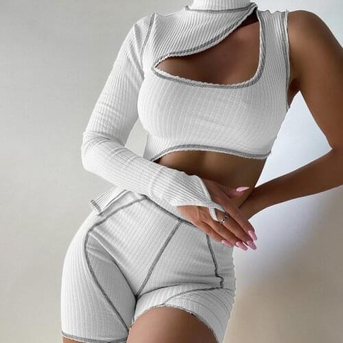 Casual Sporty Knitted Rib Shorts Tracksuit Women Sexy Hollow Out One Shoulder Irregular Crop Top + Biker Shorts Two Piece Set