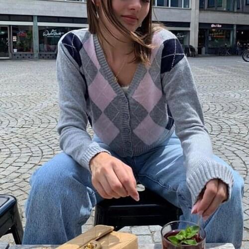 Fall crop sweater women knitwear kawaii sweater long sleeve cute sweater vintage cropped cardigan knit plaid cardigan button up