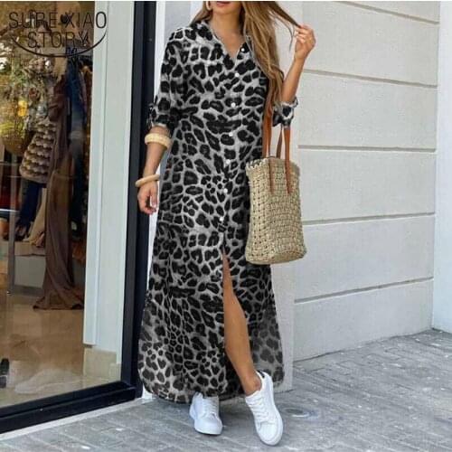 2021 New Spring Long Sleeve Side Split Ankle-length Dress Vintage Fashion 8 Styles Print Long Shirt Dresses Women Robe 12647