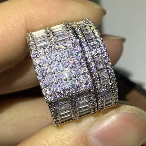 2PCS Couple Rings Vintage Fashion Jewelry 925 Sterling Silver Square CZ Princess 5A Zircon Women Wedding Party Bridal Rings Set