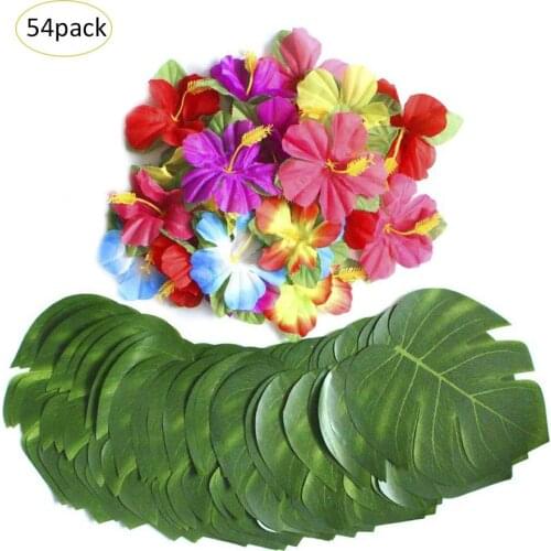 54 PCS/Set Tropical Palm Turtle Shell Leaves Lifelike Hibiscus Flowers Petals Birthday Party Decoration Supplies