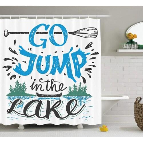 Black White Go Jump in the Lake Quote Cabin Home Decor Vintage Typography Shower Curtains Bathroom Canoe Fishing Sports Home
