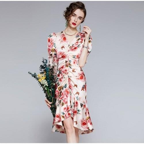 Designer Runway V Neck 2021 Summer Women Pink Rose Flower Print Ruffles Bodycon Draped Mermaid Knee Lenght Slim Dresses