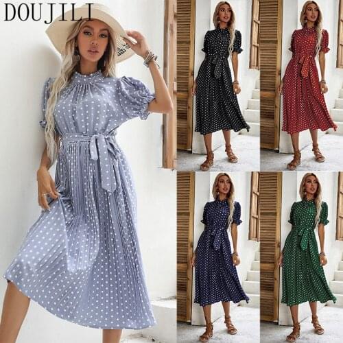 DOUJILI Elegant Women Dress 5 Colors White Dots Short Slleve Round Neck Belt Office Ladies Dress Summer Style