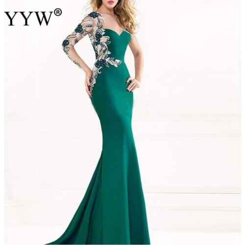 2020 Elegant Green Applique Mermaid Robe De Soiree For Wedding Women Evening Prom Gown One Shoulder Sexy Club Party Long Dress