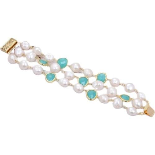 GG Jewelry 3 Rows Natural Cultured White Baroque Pearl Green Crystal Wrap Bracelet Handmade For Women