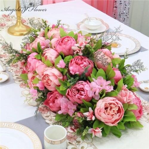 Custom luxury DIY wedding decor table flower runner artificial flower row arrangement table centerpieces rose peonies green leaf