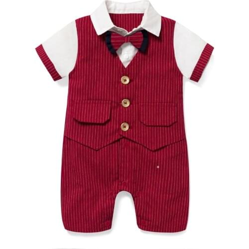 Nowborn Boy Rompers for Baby Clothes Bow Tie Gentleman Cotton Red Stripe Vest Jumpsuit Infant Outfit First Birthday Outfit