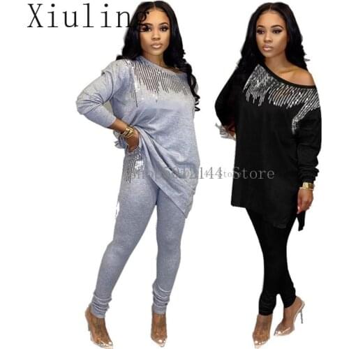 2020 Africa Women Winter Handmade Sequined Pattern Long Sleeve Pullover Tops Trousers 2PCS Clothing Sets