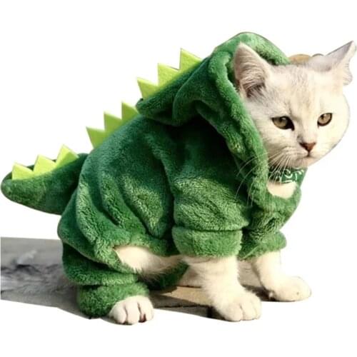 Cat Clothes Pet Puppy Cat Funny Dinosaur Costume Winter Warm Plush Cat Coat One-piece Garment Hoodies Small Dog Kitten Sweater