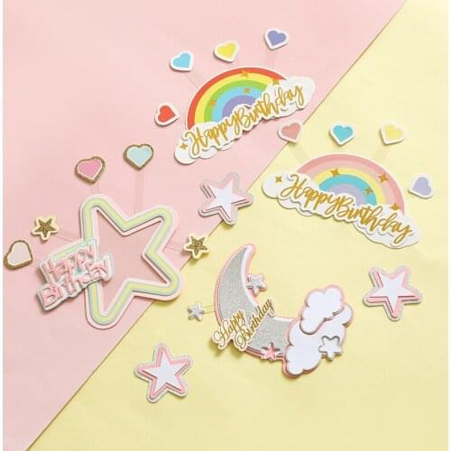 Colorful Cake Topper Star Heart Rainbow Happy Birthday Party Cake Decor Supplies Baby Shower Decoration Wedding Party