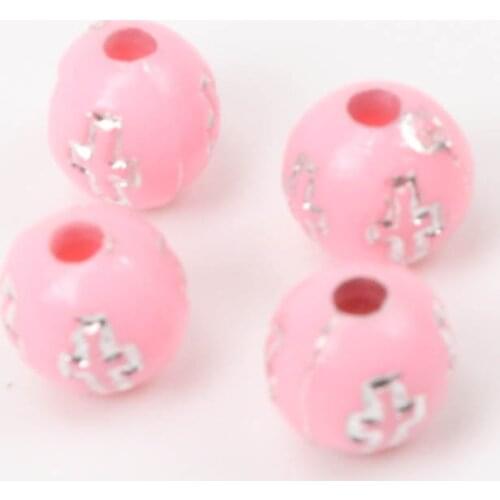 Mixed Color Pink Bottom Cross Silver Pattern Acrylic Material Round Shape Loose Beads Circular For Jewelry making DIY 200pcs 6mm