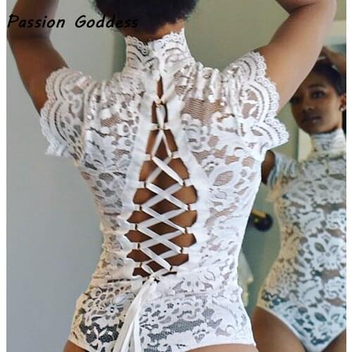 Lace Bodysuits Party Women Back Lace Up Rompers Transparent Floral Embroidery Jumpsuits Body Femme Longue Catsuit Slim Overalls