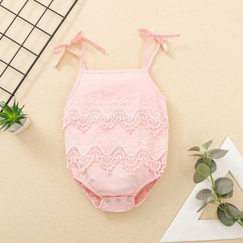 Summer Baby Girls Cotton Strap Bodysuit Sleeveless Lace Up Crochet Lace Pattern One-Piece Jumpsuit Clothes