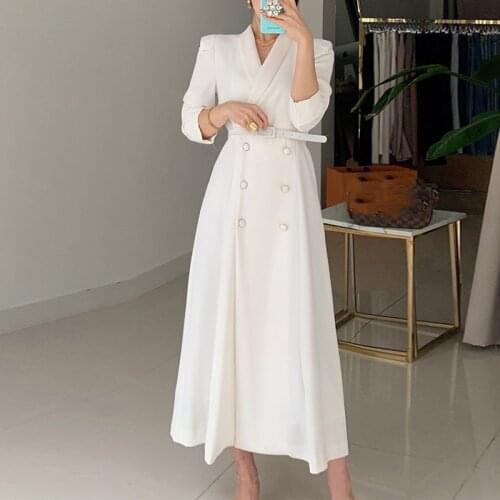 Fashion Spring Notched Double Breasted Long Jacket Korean Loose Casual Women Belt Blazers Dress Jackets Work Wear Coat Oversize