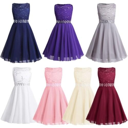Fashion Girls Sequined Floral Lace Chiffon Dress Princess Formal Brides Wedding Birthday Party Dress First Communion Dress