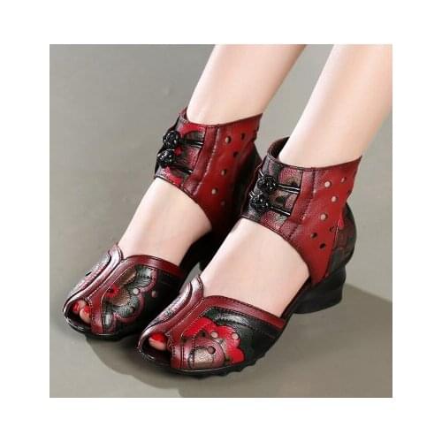 Fashion Floral Women Sandals Genuine Leather Casual Women Shoes 2021 Summer Retro Zip Sewing High Heels Handmade Ladies Sandals