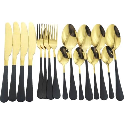 4set 16Pcs Black Gold Tableware Stainless Steel Dinnerware Fork Spoon Knife Dinner Set Kitchen Cutlery Set Bright Silverware